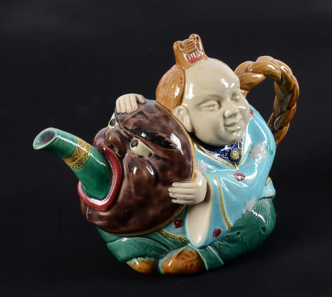 A MINTON MAJOLICA TEAPOT AND COVER MODELLED AS A CHINESE-FIGURE - Image 2 of 3