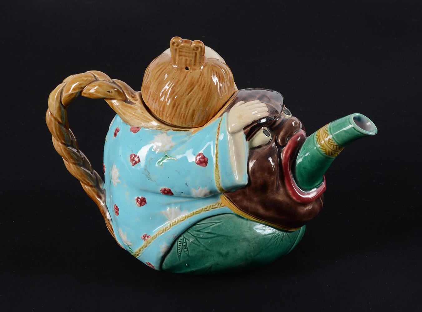 A MINTON MAJOLICA TEAPOT AND COVER MODELLED AS A CHINESE-FIGURE - Image 3 of 3