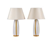 A PAIR OF OPAQUE AND COLOURED GLASS TABLE LAMPS