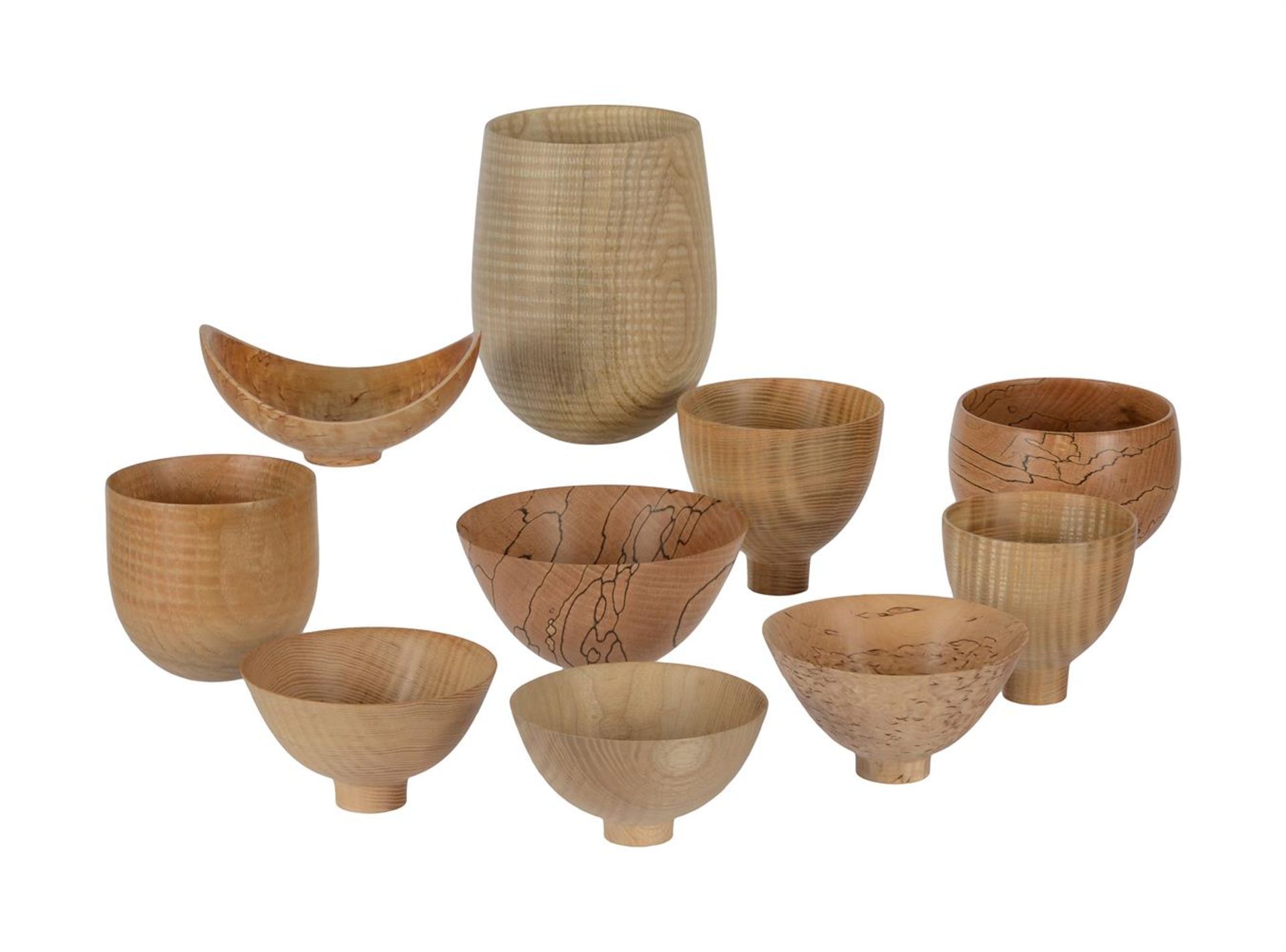 λ RAY KEY (1942-2018), A GROUP OF TEN VARIOUS TURNED LIGHT WOOD BOWLS AND VESSELLS