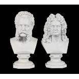 TWO SIMILAR BERLIN (KPM) BISCUIT PORCELAIN BUSTS OF GEORGE FREDERICK HANDEL AND JOHANN STRAUSS II