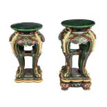 A PAIR OF MINTON MAJOLICA CHINOISERIE PEDESTALS ON STANDS