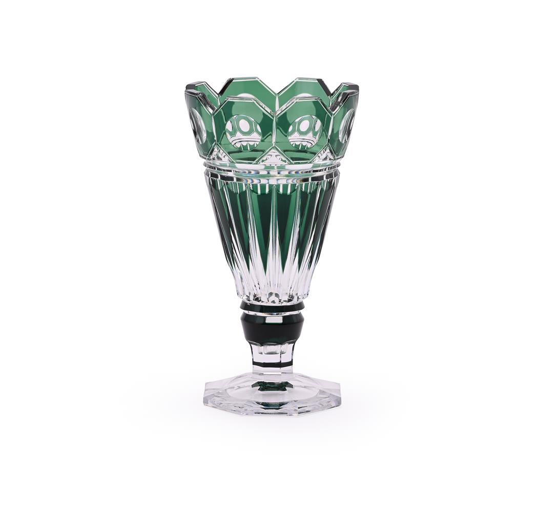 A VAL ST. LAMBERT 'VIANDEN' GREEN OVERLAY AND CLEAR GLASS TRUMPET VASE