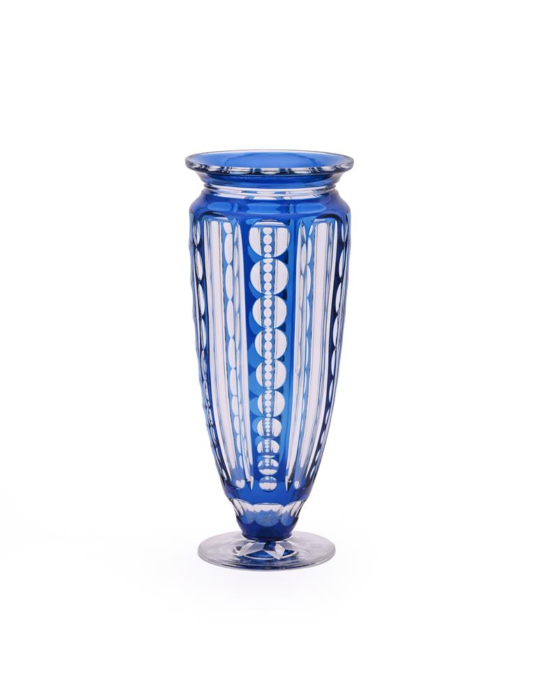 A VAL ST. LAMBERT 'FLORENCE' BLUE OVERLAY AND CLEAR GLASS TRUMPET VASE