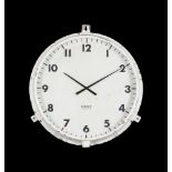 A WHITE PAINTED METAL FRAMED ELECTRICAL WALL MOUNTED TIMEPIECE