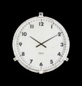A WHITE PAINTED METAL FRAMED ELECTRICAL WALL MOUNTED TIMEPIECE
