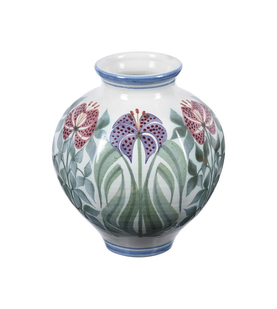 LAURENCE MACGOWEN (b.1942) FOR ALDERMASTON POTTERY, A VASE PAINTED WITH STYLISED LILIES - Image 2 of 3