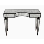 A PAIR OF MODERN MIRRORED GLASS AND EBONISED CONSOLE TABLES