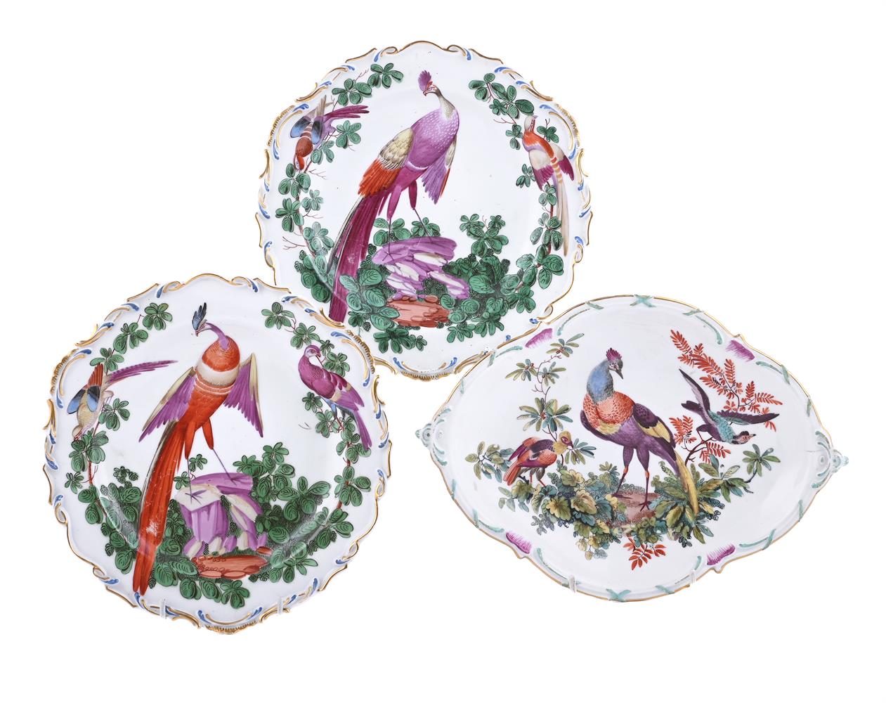 A PAIR OF CHELSEA PLATES PAINTED WITH EXOTIC BIRDS