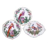 A PAIR OF CHELSEA PLATES PAINTED WITH EXOTIC BIRDS