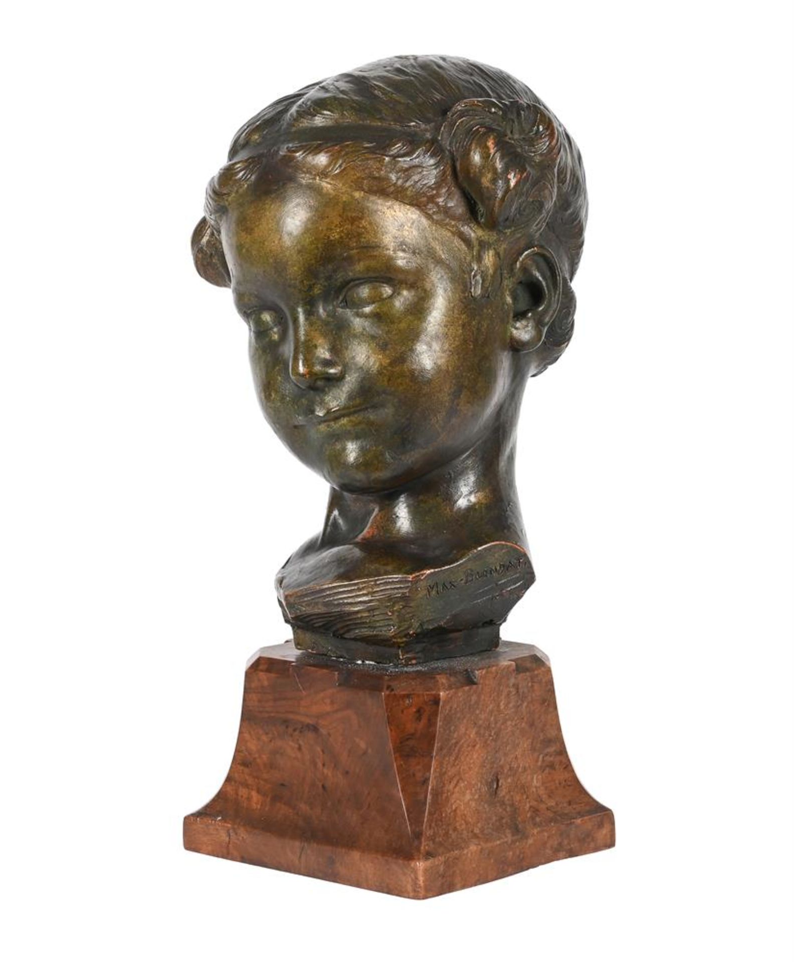 MAX BLONDAT, FRENCH (1872-1926), A COLD PAINTED TERRACOTTA BUST OF A YOUNG GIRL - Bild 2 aus 3