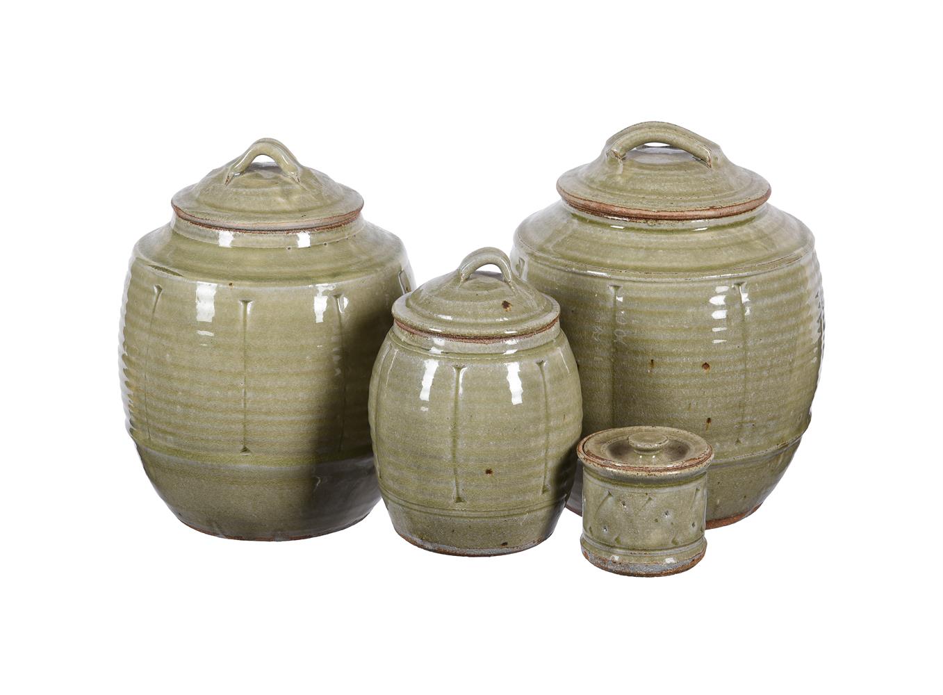 λ WILLIAM PLUMPTRE (b 1959)THREE SIMILAR GLAZED STONEWARE JARS AND COVERS