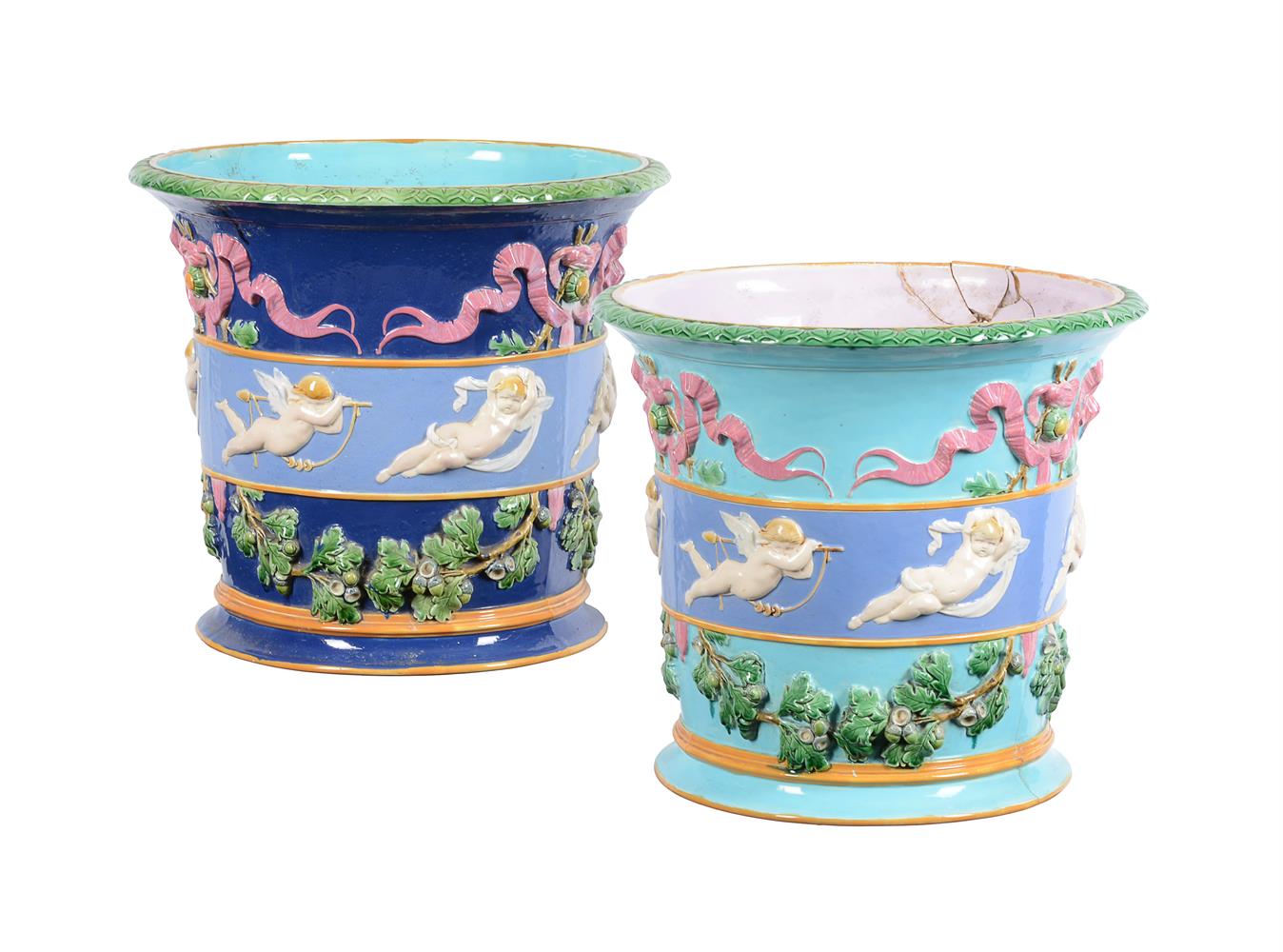 TWO SIMILAR MINTON MAJOLICA JARDINIERES