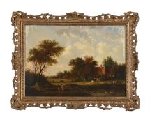 MANNER OF FREDERICK WATERS WATTS, FIGURES AND CATTLE BY A COUNTRY COTTAGE