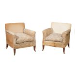 A PAIR OF VICTORIAN WALNUT AND UPHOLSTERED ARMCHAIRS