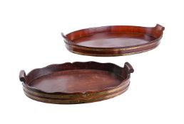 A COOPERED MAHOGANY AND BRASS TWO-HANDLED TRAY