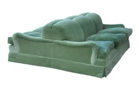 A GREEN CORDUROY UPHOLSTERED SOFA IN LATE 19TH CENTURY STYLE