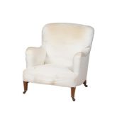 A VICTORIAN WALNUT AND WHITE CALICO UPHOLSTERED ARMCHAIR