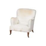 A VICTORIAN WALNUT AND WHITE CALICO UPHOLSTERED ARMCHAIR