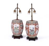 A PAIR OF CHINESE FAMILLE VERTE PORCELAIN HEXAGONAL JARS AND COVERS