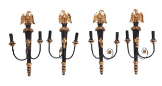 A SET OF FOUR PAINTED AND GILTWOOD WALL LIGHTS IN EMPIRE STYLE
