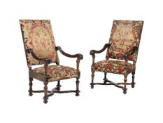 A PAIR OF STAINED WOOD ARMCHAIRS IN LATE 17TH CENTURY STYLE