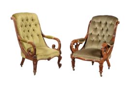 A WILLIAM IV MAHOGANY OPEN ARMCHAIR AND A SIMILAR EARLY VICTORIAN OPEN ARMCHAIR