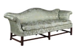 A LATE GEORGE III MAHOGANY AND PALE GREEN DAMASK UPHOLSTERED SOFA