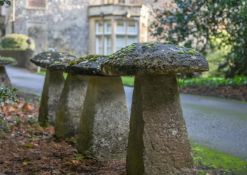A GROUP OF FOUR SANDSTONE AND LIMESTONE STADDLE STONES