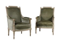 A PAIR OF WHITE PAINTED AND SAGE-GREEN VELVET UPHOLSTERED ARMCHAIRS IN MID 18TH CENTURY FRENCH STYLE