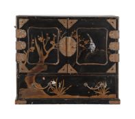 A JAPANESE EXPORT BLACK LACQUERED AND GILT METAL MOUNTED TABLE TOP WORK BOX