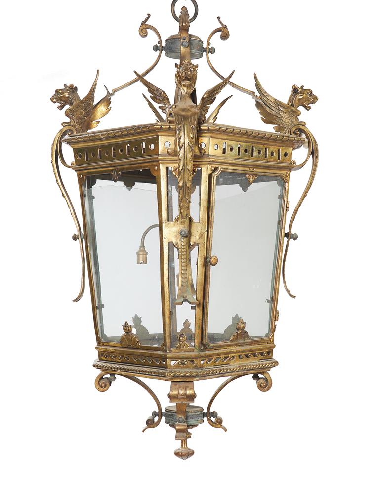 A FRENCH GILT BRASS HANGING LANTERN