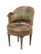 A BEECH AND GREEN LEATHER UPHOLSTERED ARMCHAIR IN FRENCH TASTE