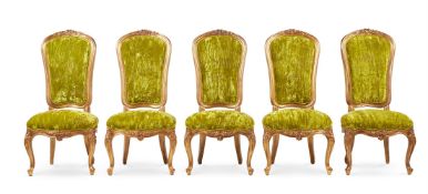 A SET OF TEN GILTWOOD DINING CHAIRS IN FRENCH TASTE