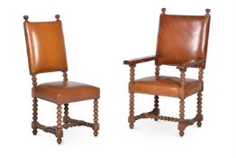 A SET OF EIGHT ASH AND LEATHER UPHOLSTERED DINING CHAIRS IN SPANISH LATE 17TH CENTURY STYLE
