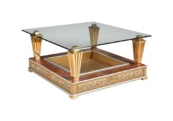 A GILTWOOD, SILVERED, BURR WOOD, GLASS AND GILT METAL LOW TABLE