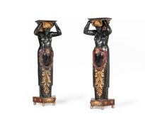 A PAIR OF CARVED AND PAINTED WOOD 'TERM' PILASTERS IN BAROQUE TASTE
