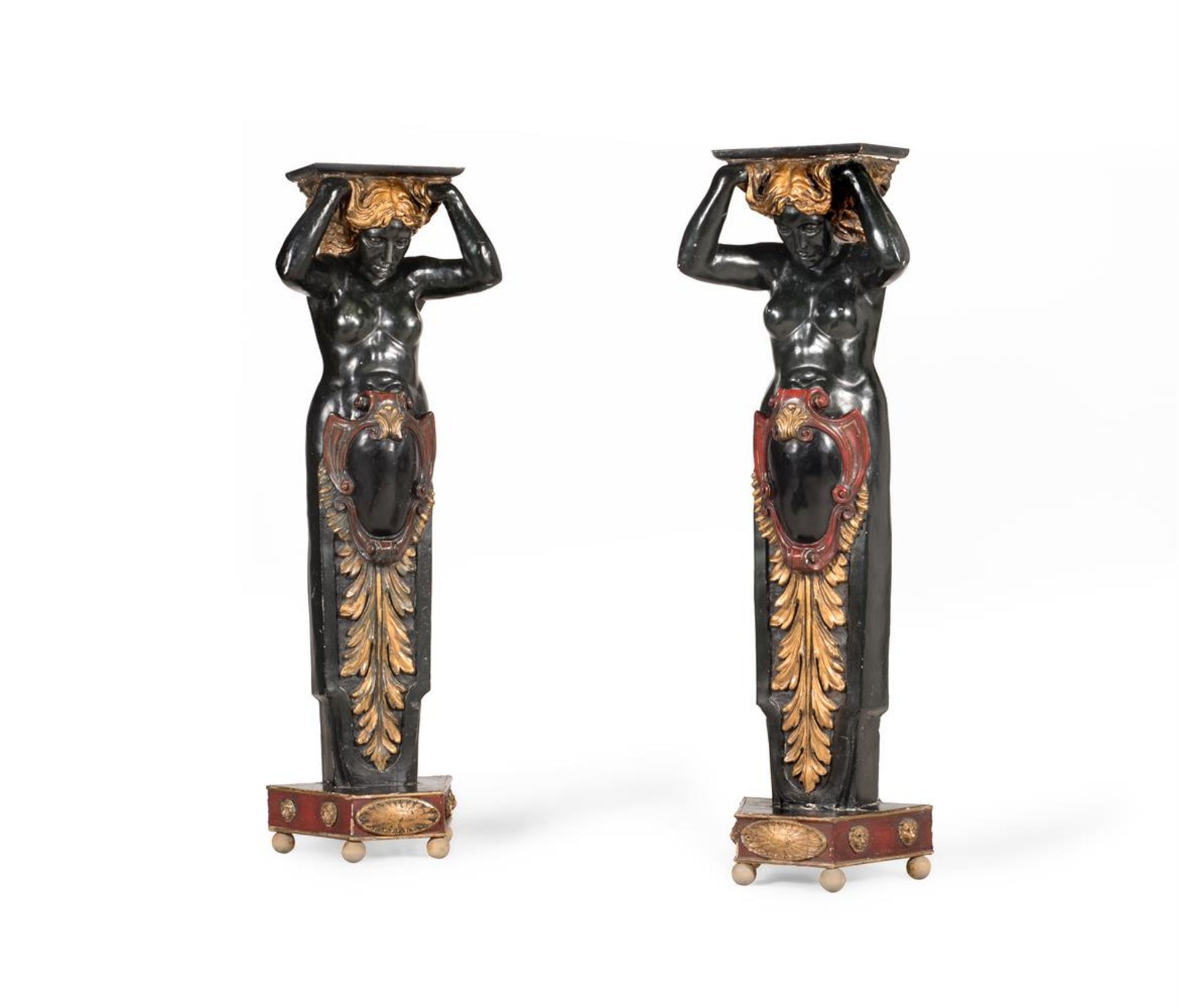 A PAIR OF CARVED AND PAINTED WOOD 'TERM' PILASTERS IN BAROQUE TASTE