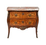 A FRENCH WALNUT AND MARQUETRY MARBLE TOP COMMODE