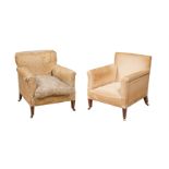 TWO SIMILAR VICTORIAN WALNUT AND UPHOLSTERED ARMCHAIRS