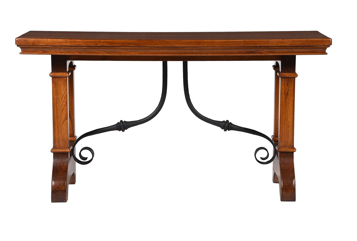 A WALNUT AND WROUGHT IRON SIDE TABLE