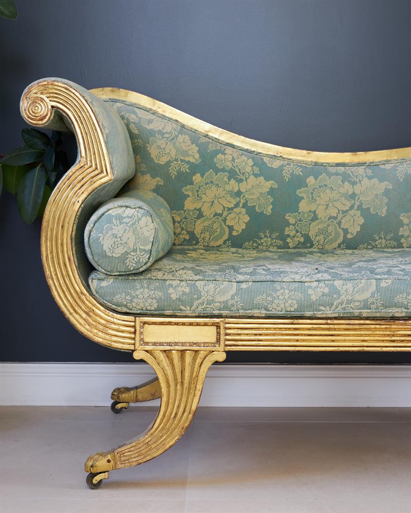 A REGENCY GILTWOOD AND UPHOLSTERED CHAISE LONGUE, IN THE MANNER OF GILLOWS - Image 8 of 8