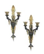 A PAIR OF FRENCH BRONZE AND GILT METAL TWIN-LIGHT WALL APPLIQUÉS, IN EMPIRE STYLE