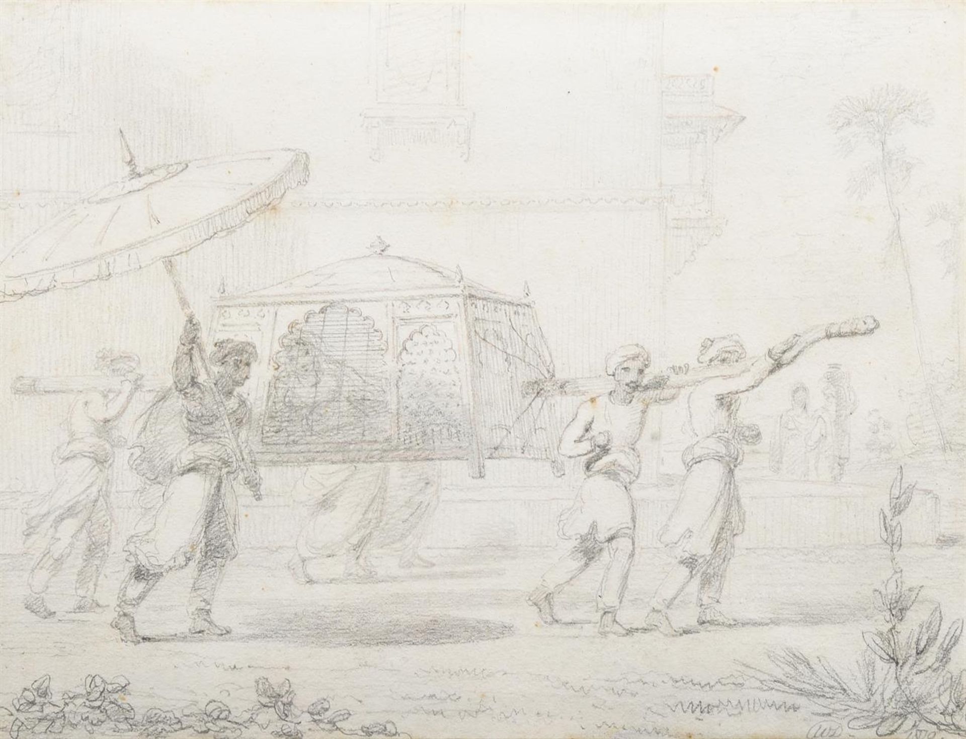 WILLIAM DANIELL (BRITISH 1769-1837), INDIANS CARRYING A PALANQUIN - Image 4 of 4