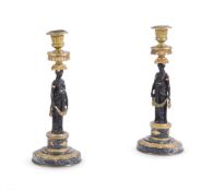 A PAIR OF EMPIRE BRONZE AND ORMOLU CANDLESTICKS, EARLY 19TH CENTURY
