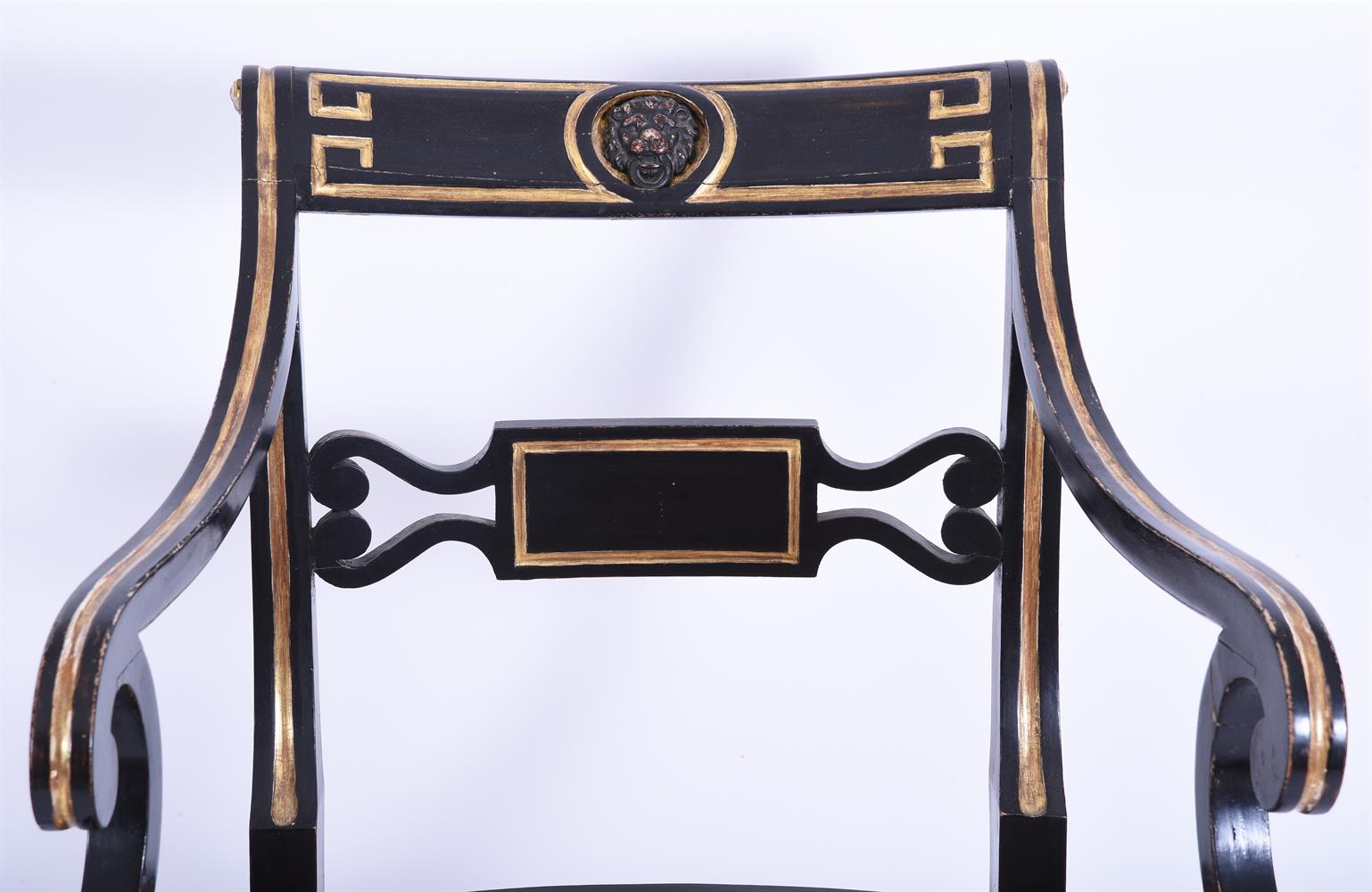 A PAIR OF REGENCY EBONISED AND PARCEL GILT OPEN ARMCHAIRS, IN THE MANNER OF JOHN GEE - Image 5 of 6