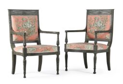 A PAIR OF GREEN PAINTED OPEN ARMCHAIRS