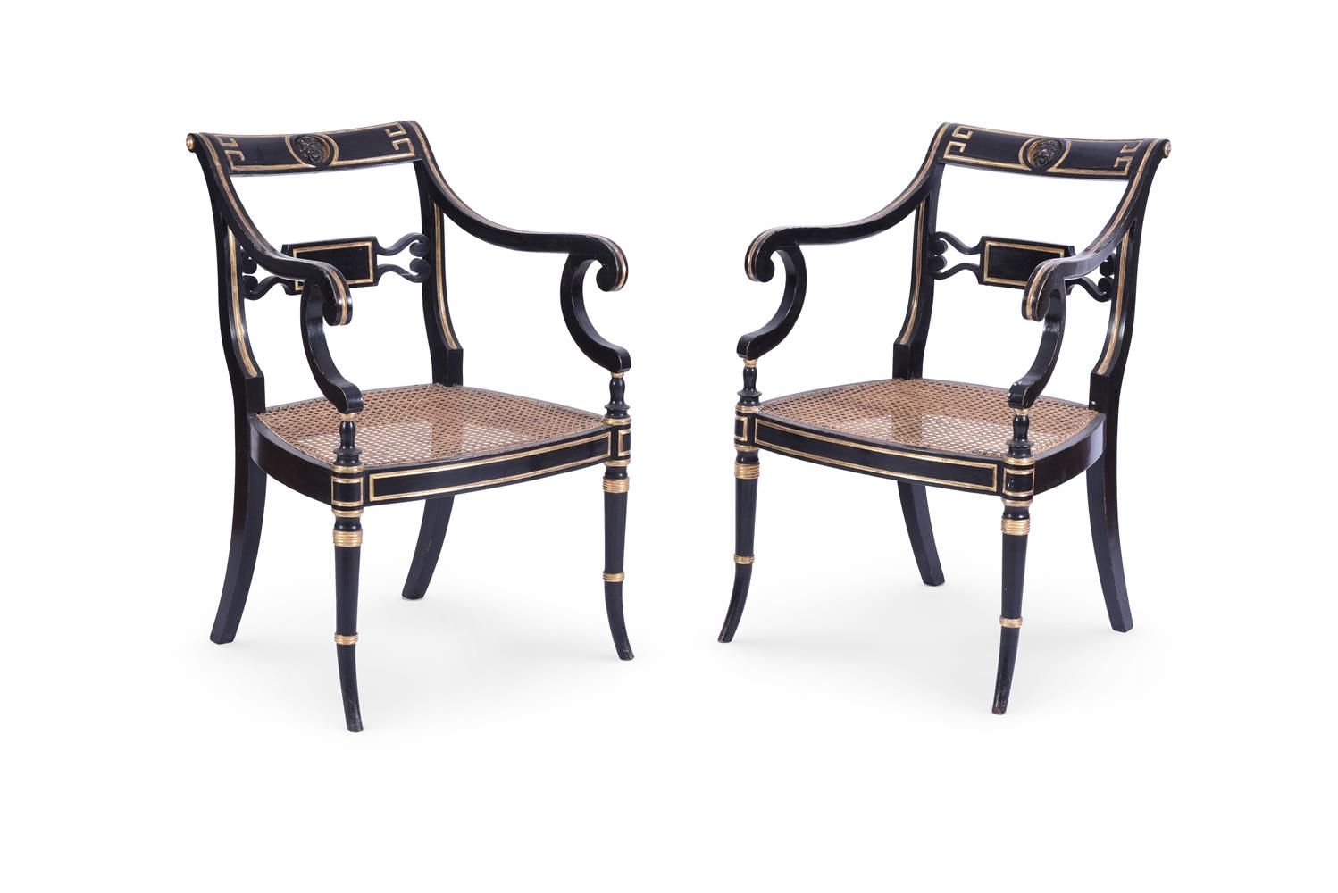 A PAIR OF REGENCY EBONISED AND PARCEL GILT OPEN ARMCHAIRS, IN THE MANNER OF JOHN GEE - Image 3 of 6