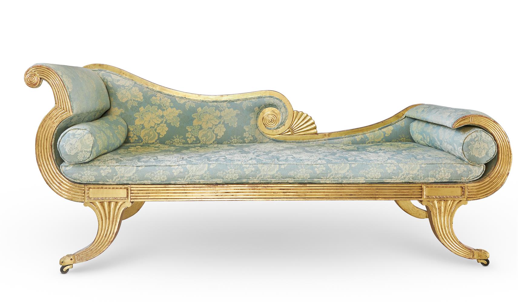 A REGENCY GILTWOOD AND UPHOLSTERED CHAISE LONGUE, IN THE MANNER OF GILLOWS - Image 3 of 8