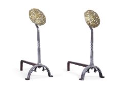 A PAIR OF ARTS & CRAFTS BRASS AND STEEL ANDIRONS
